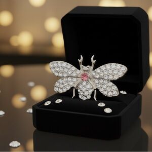 Elegant Silver and Pink Crystal Butterfly adjustable ring